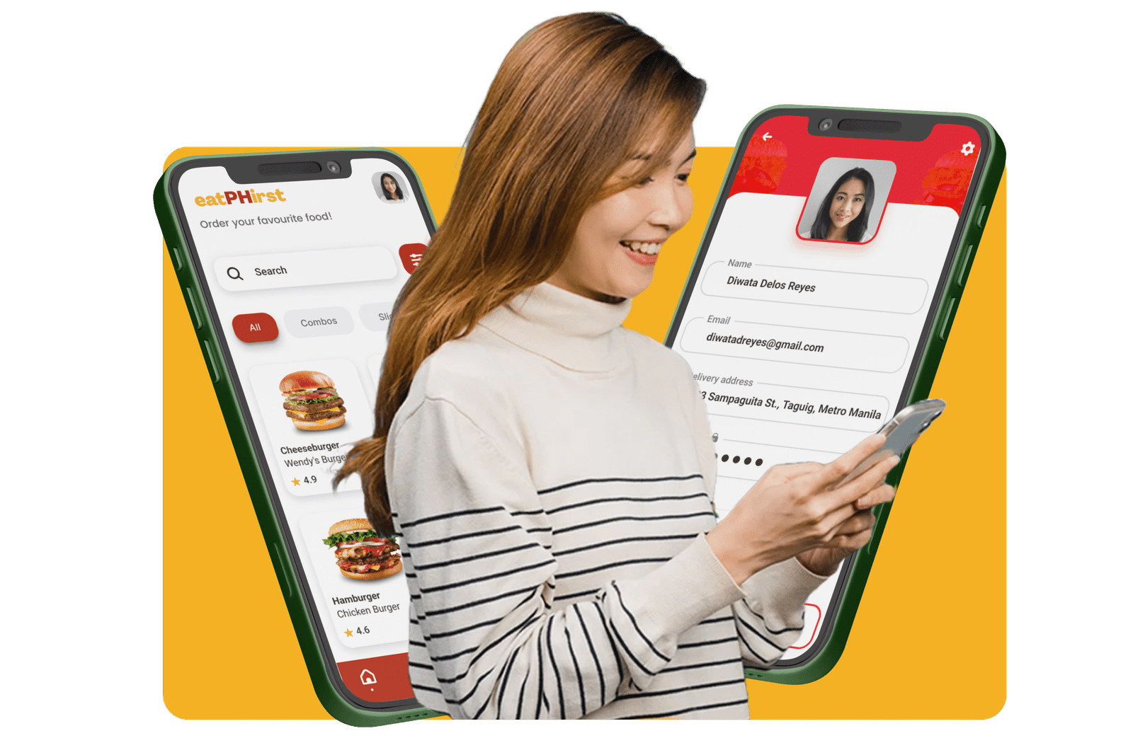 Customer ordering through the eatPHirst food delivery app on her phone